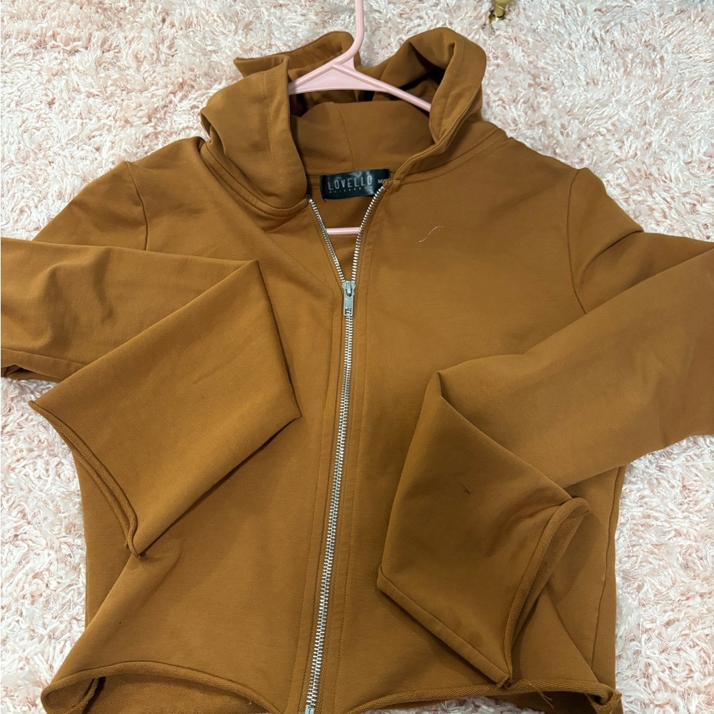 Brown Bomber Jacket with Hood and Zip-Up Front